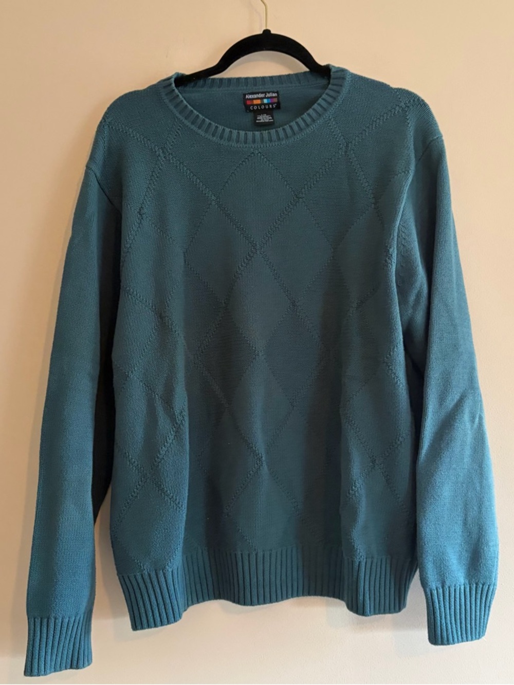 Alexander Julian Teal Diamond-Pattern Crewneck Sweater - Men 100% cotton
